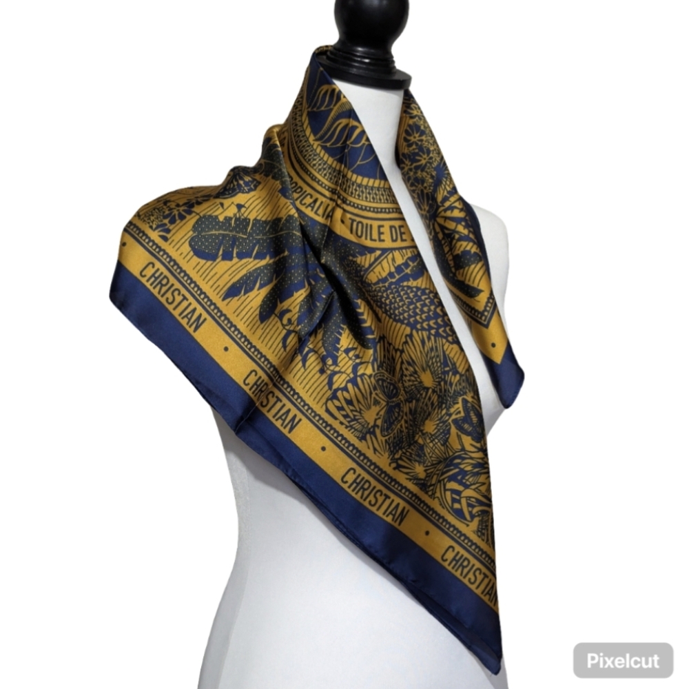 Women's Floral Tropical Navy and Gold HeadScarf Handkerchief Neck Scarf